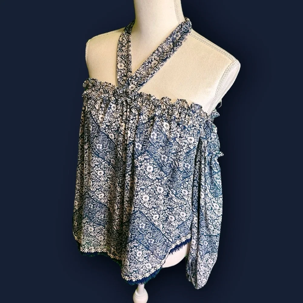Misa Los Angeles Blue Floral Print ‘Livey’ Off The Shoulder Tie-Neck Top Size XS